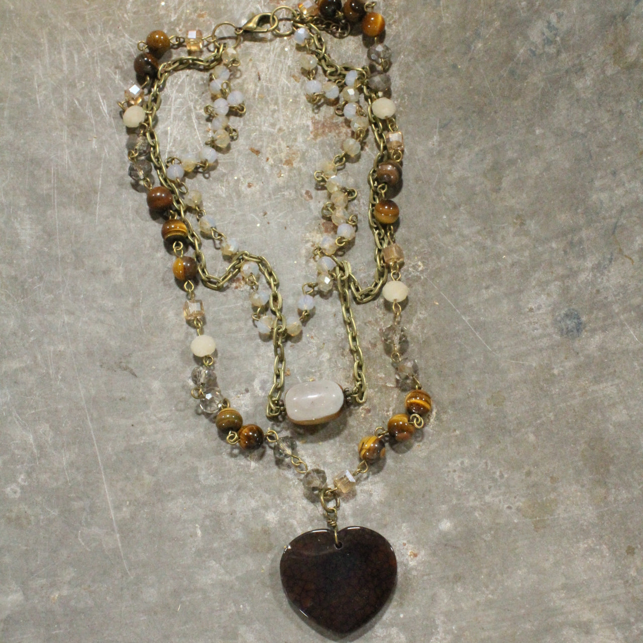 Triple Layers of Love Brown Stone Heart  Necklace