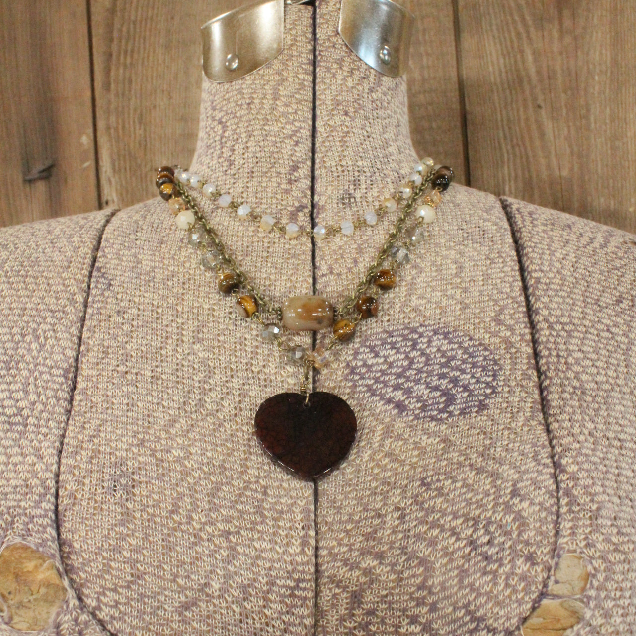 Triple Layers of Love Brown Stone Heart  Necklace