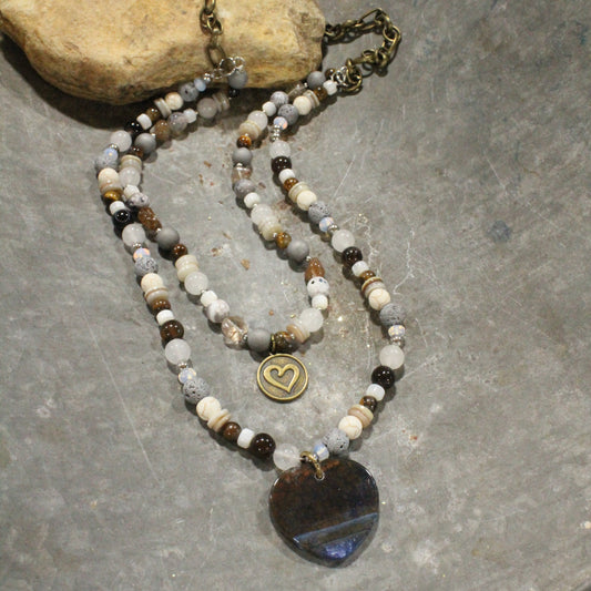 Layers of Love Earth Tone Stone Heart  Necklace