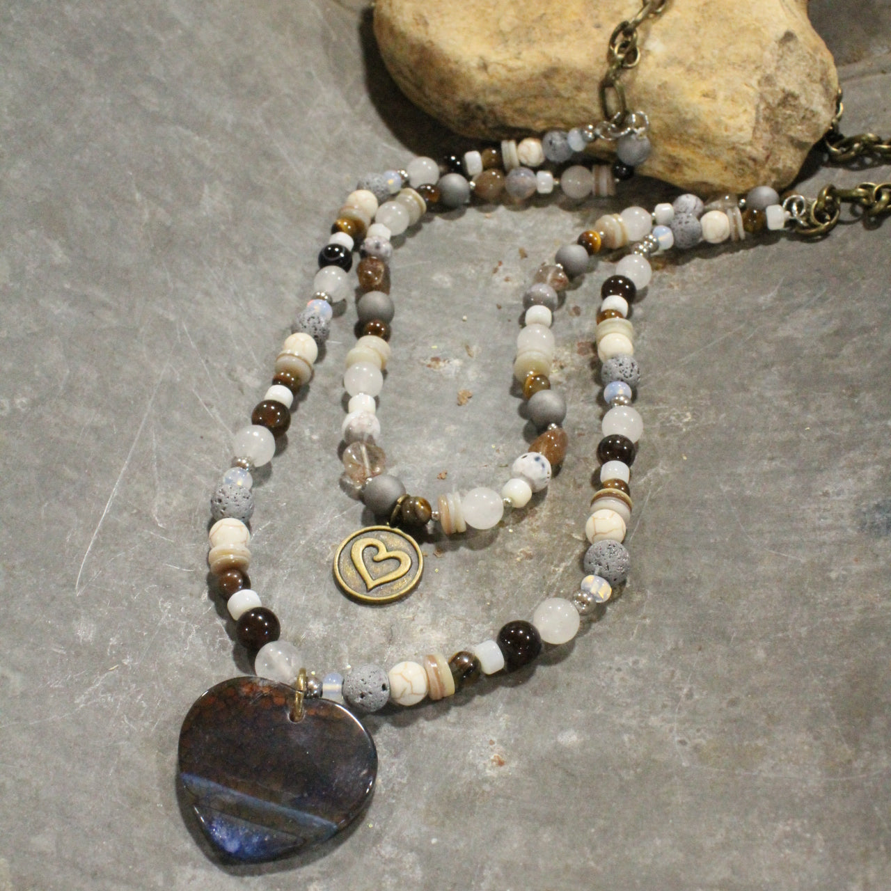 Layers of Love Earth Tone Stone Heart  Necklace