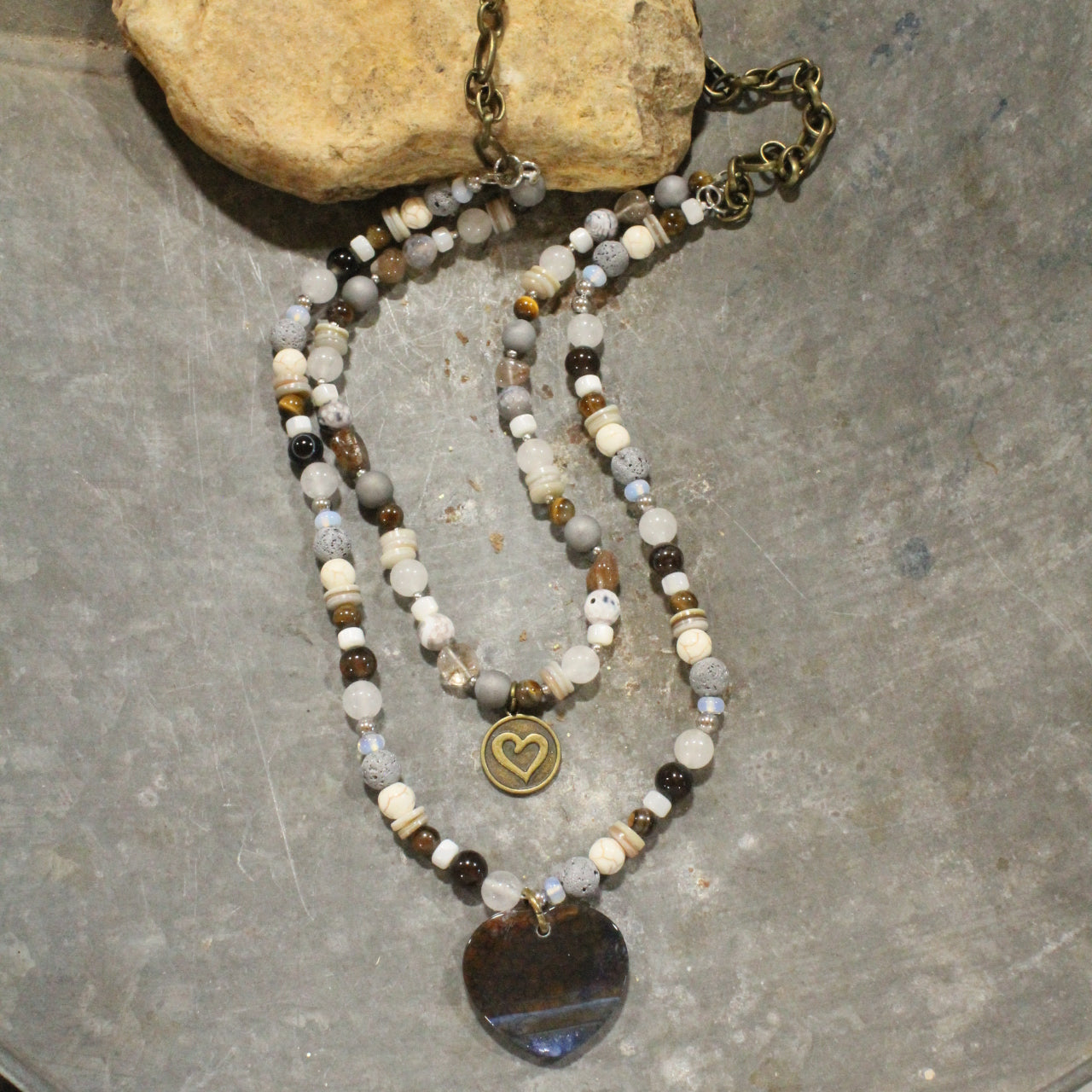 Layers of Love Earth Tone Stone Heart  Necklace