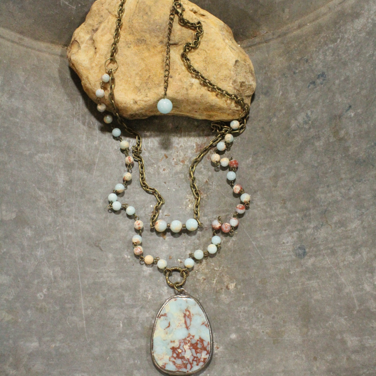 Cloudy Days Layered Stone Drop Bronze Necklace