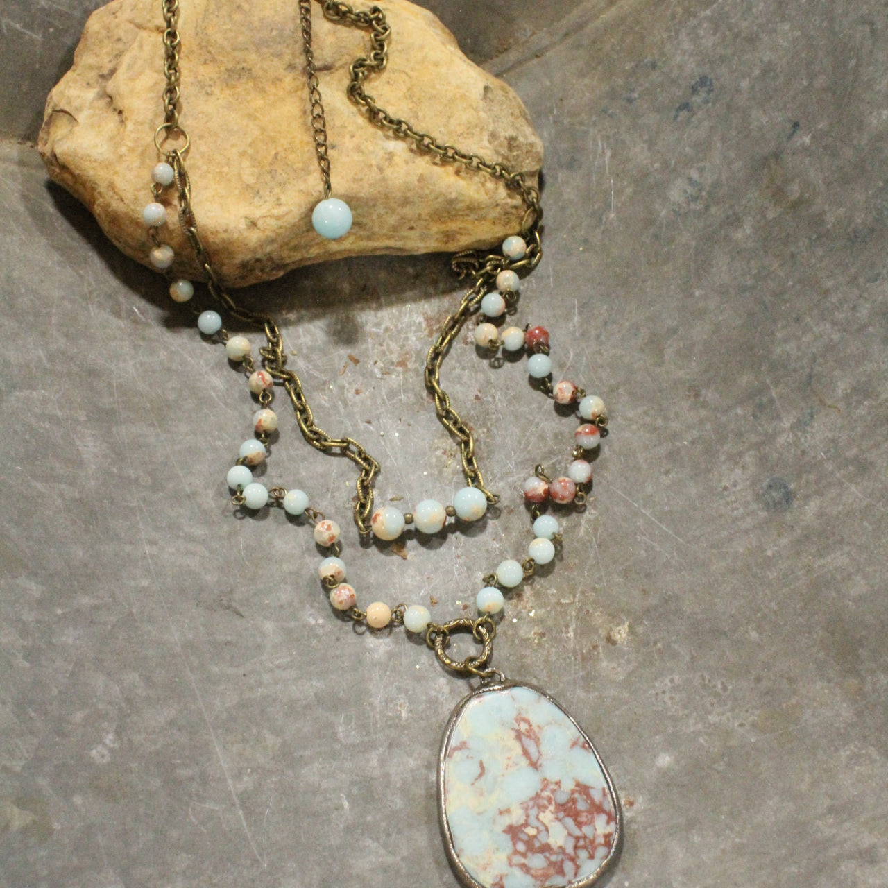 Cloudy Days Layered Stone Drop Bronze Necklace