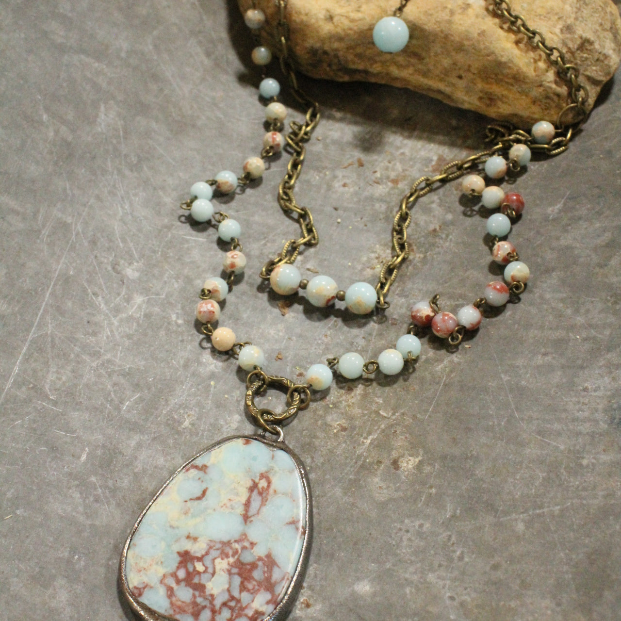 Cloudy Days Layered Stone Drop Bronze Necklace