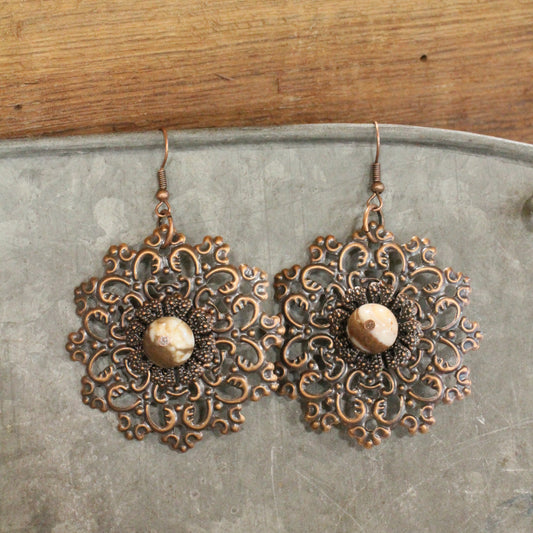 Copper Filigree &  Stone Drop Floral Earrings