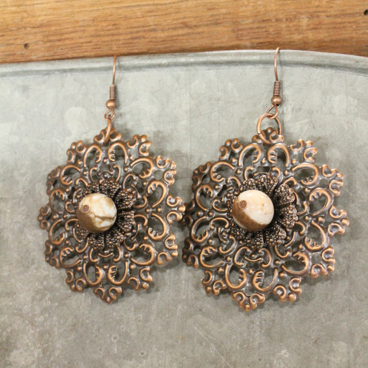 Copper Filigree &  Stone Drop Floral Earrings