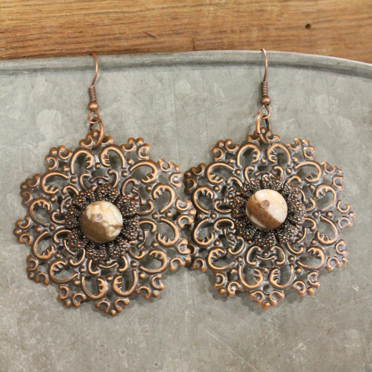 Copper Filigree &  Stone Drop Floral Earrings