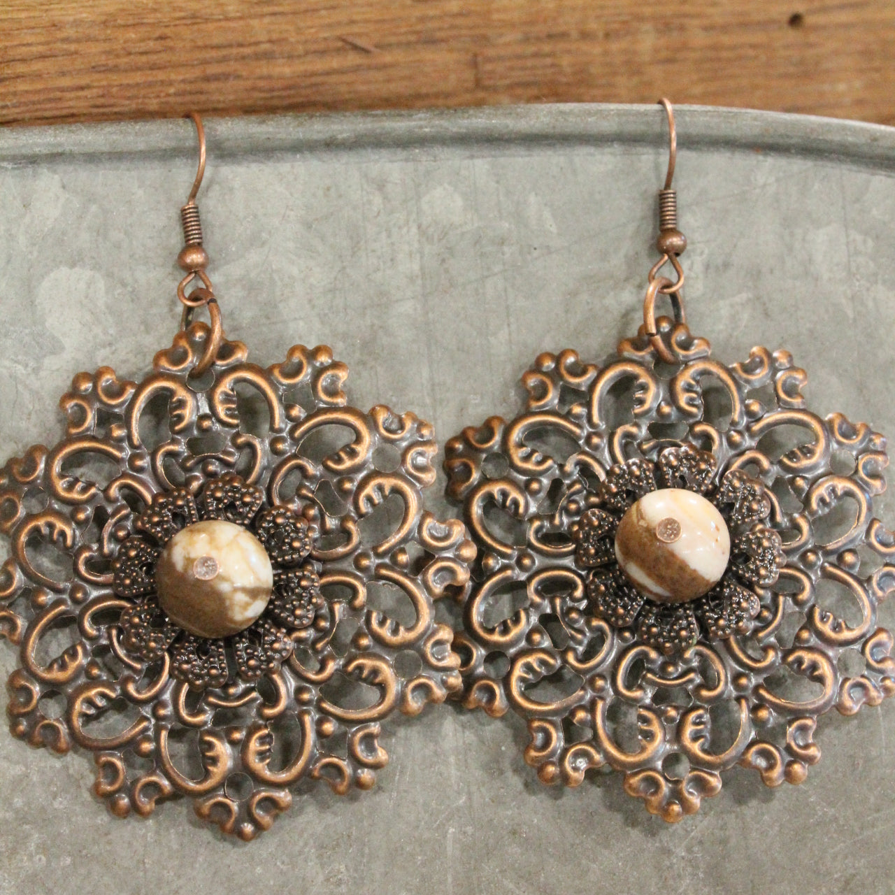 Copper Filigree &  Stone Drop Floral Earrings