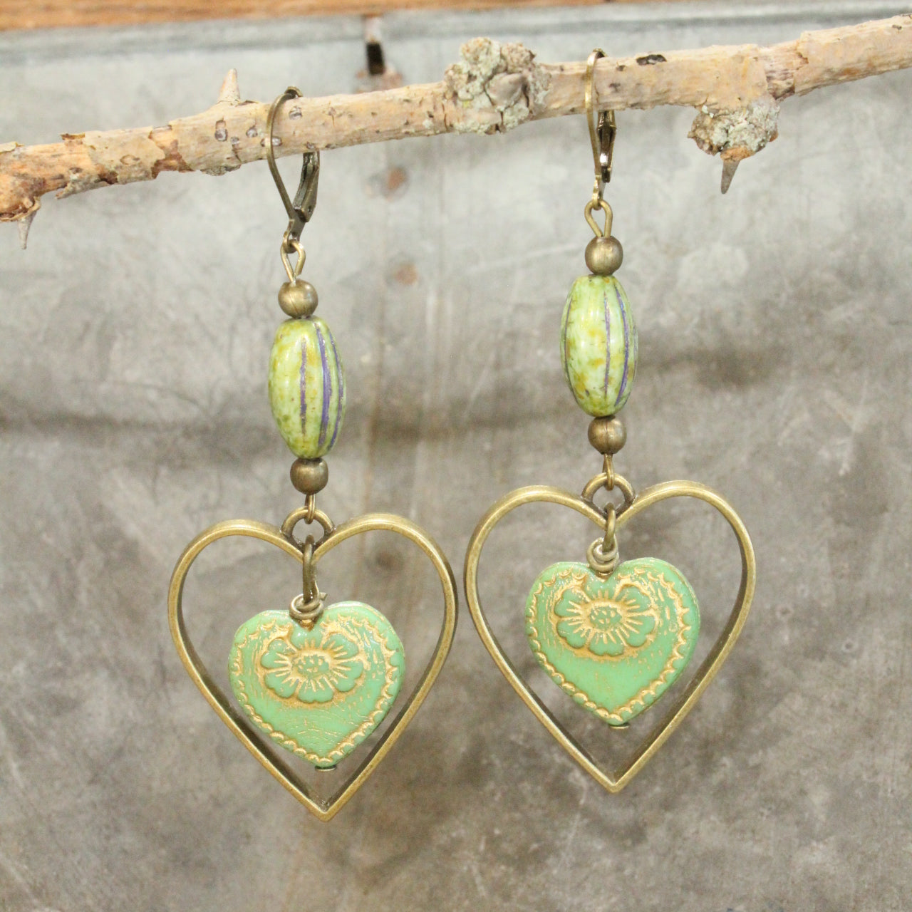 Vintage Green Czech Hearts & Flower Pattern Dangle Earrings