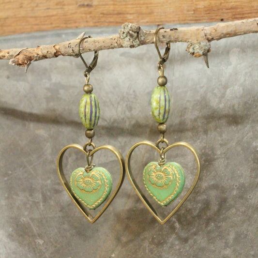 Vintage Green Czech Hearts & Flower Pattern Dangle Earrings