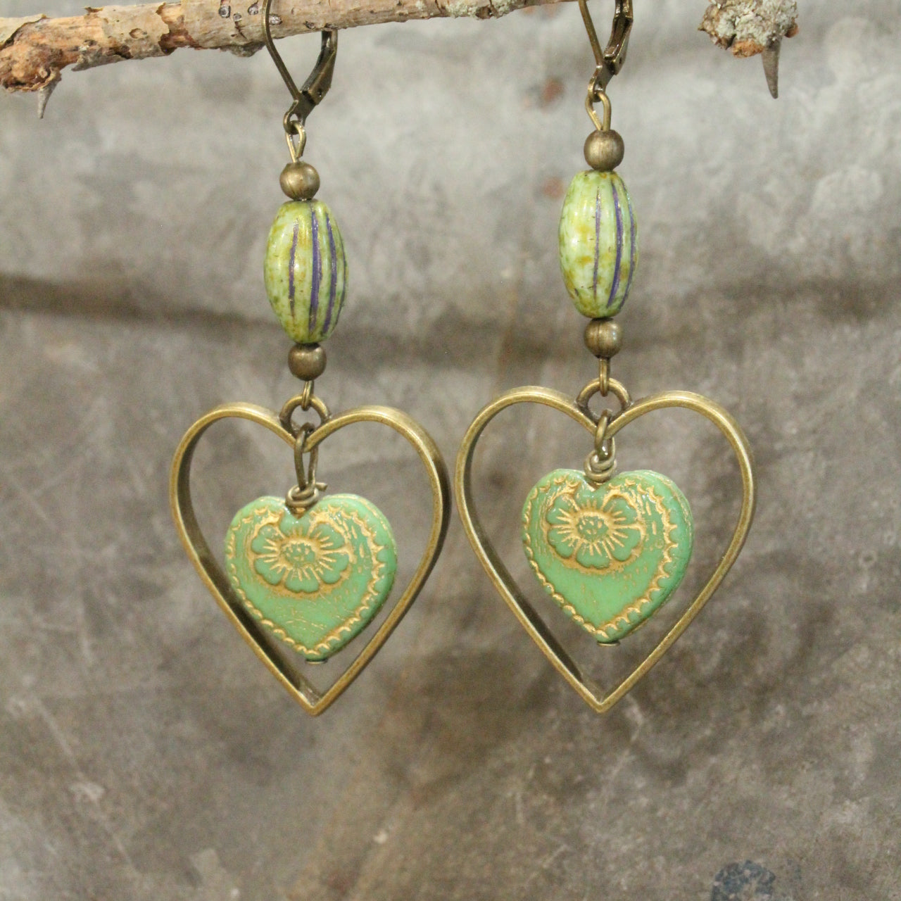 Vintage Green Czech Hearts & Flower Pattern Dangle Earrings