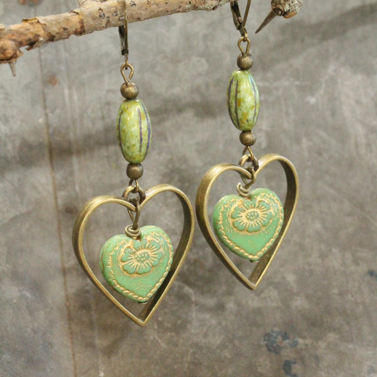 Vintage Green Czech Hearts & Flower Pattern Dangle Earrings