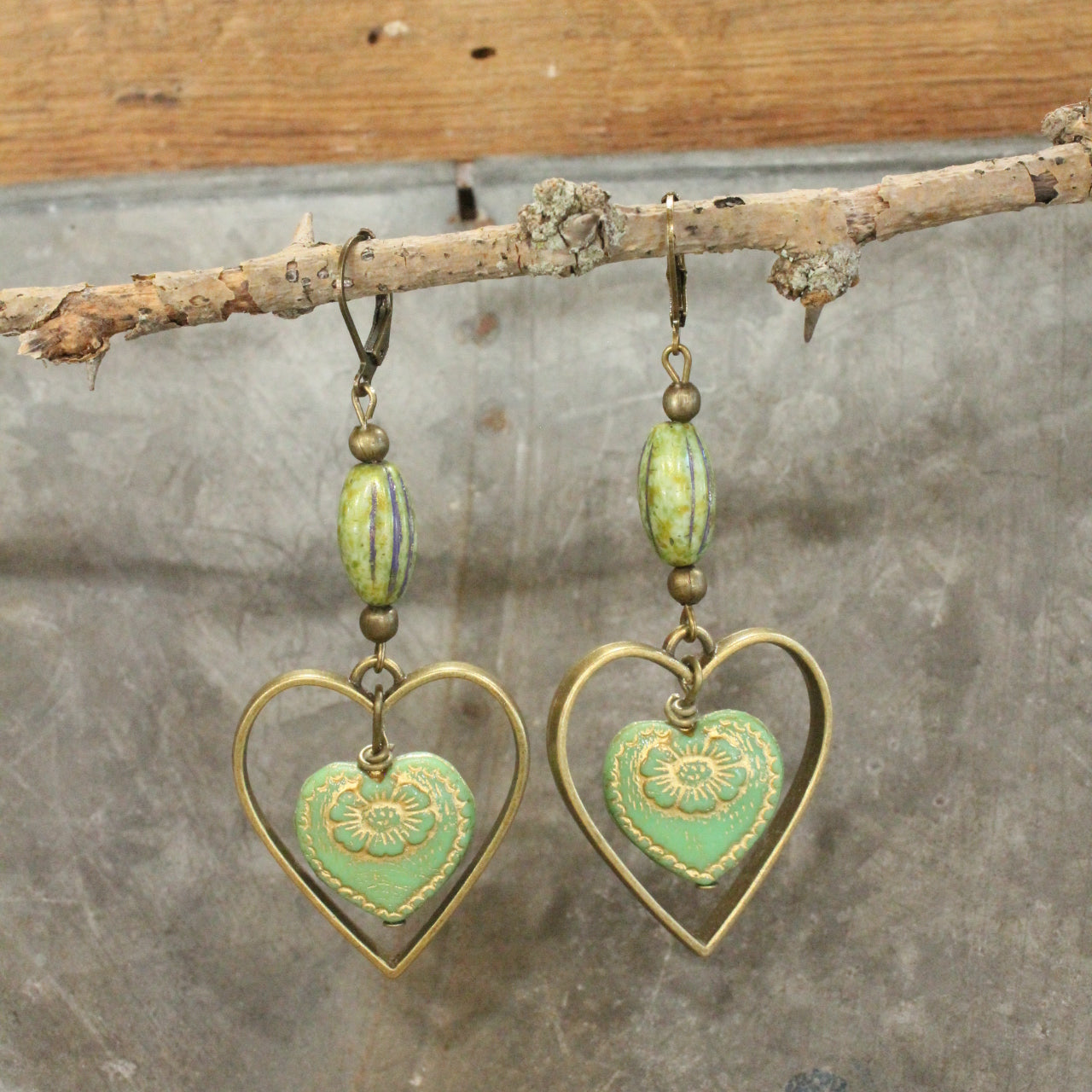 Vintage Green Czech Hearts & Flower Pattern Dangle Earrings