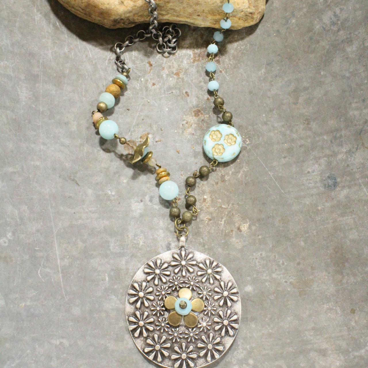 Nickel Flower Pendant W/ Czech Glass & Stone Bead Embellishments Necklace