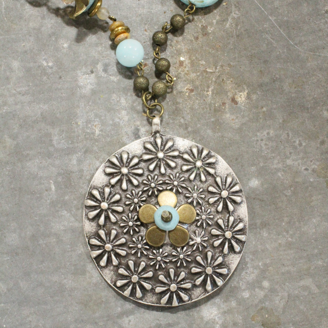 Nickel Flower Pendant W/ Czech Glass & Stone Bead Embellishments Necklace