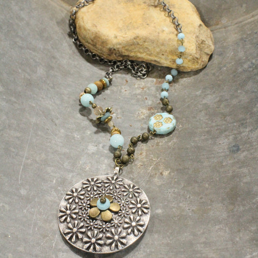 Nickel Flower Pendant W/ Czech Glass & Stone Bead Embellishments Necklace