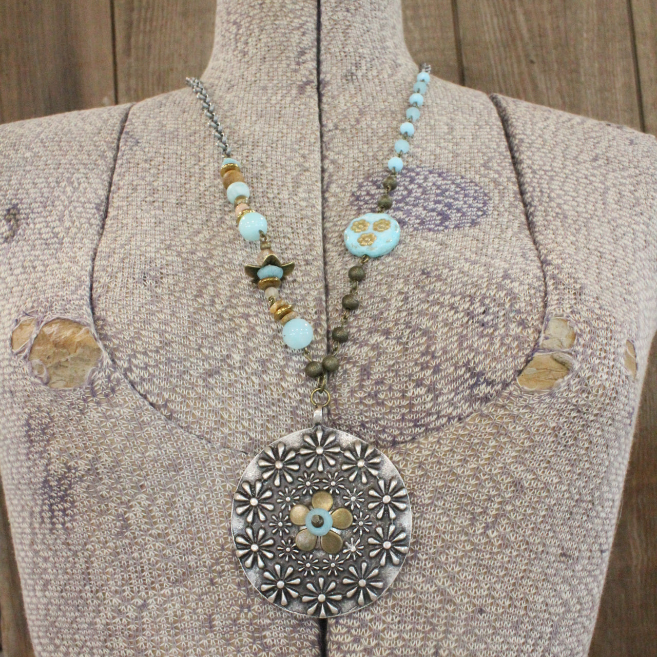 Nickel Flower Pendant W/ Czech Glass & Stone Bead Embellishments Necklace