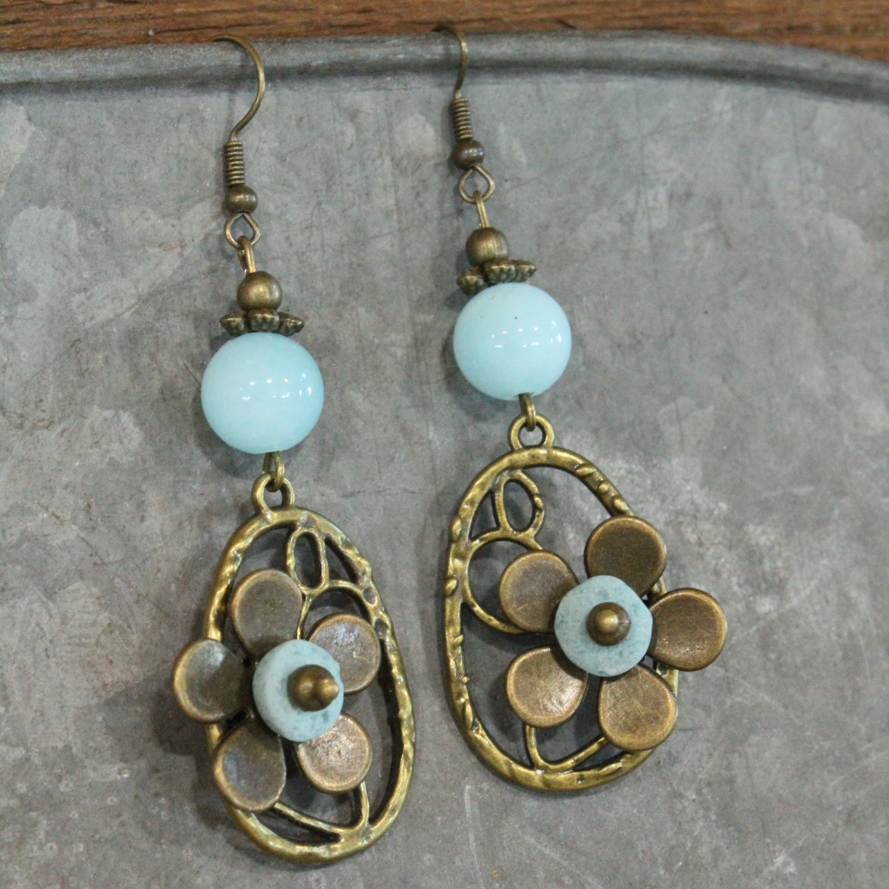 Flower & Stone Bead Dangle Earrings