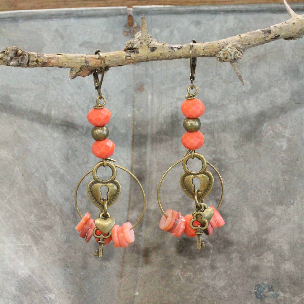 Key To My Heart Coral Charming Earrings