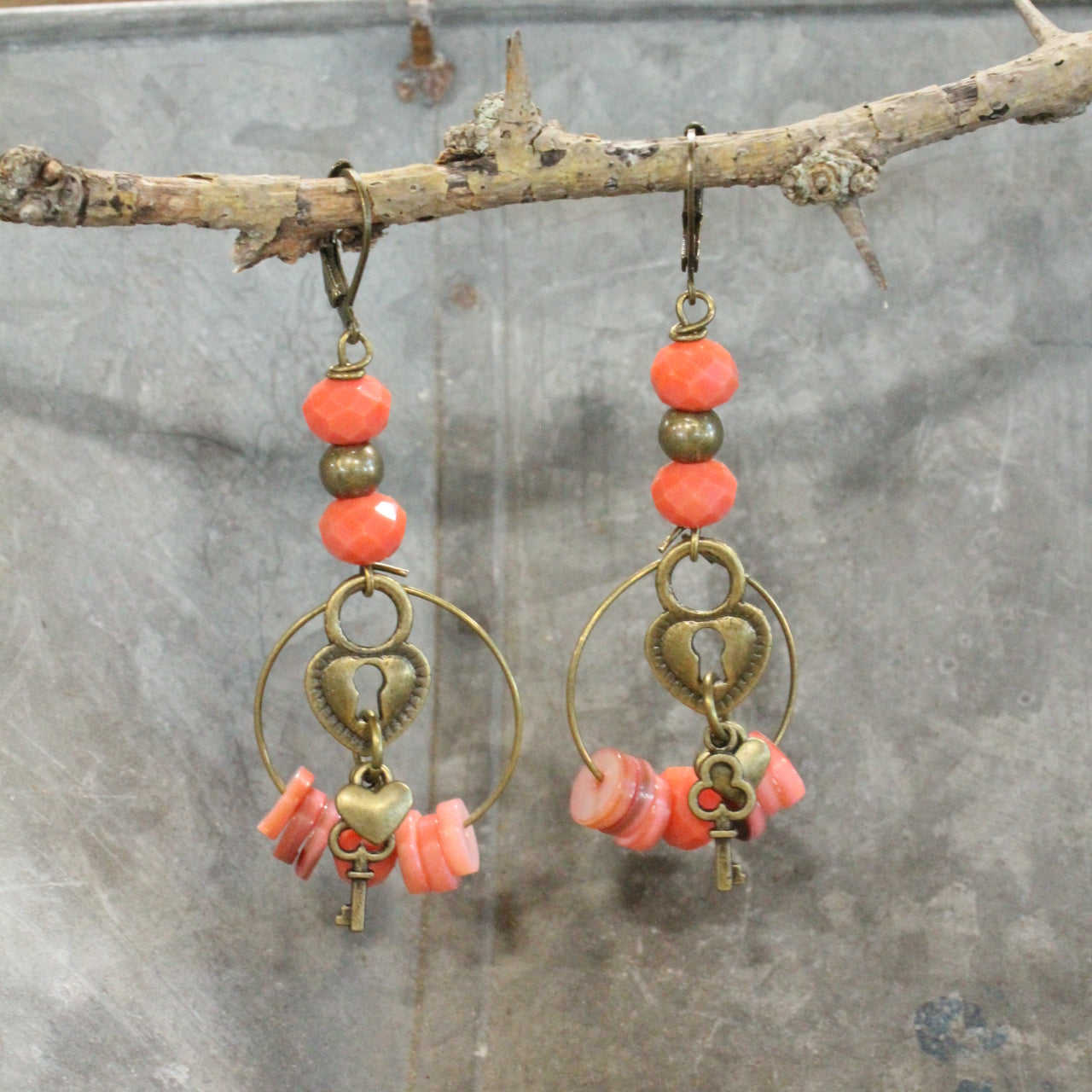 Key To My Heart Coral Charming Earrings