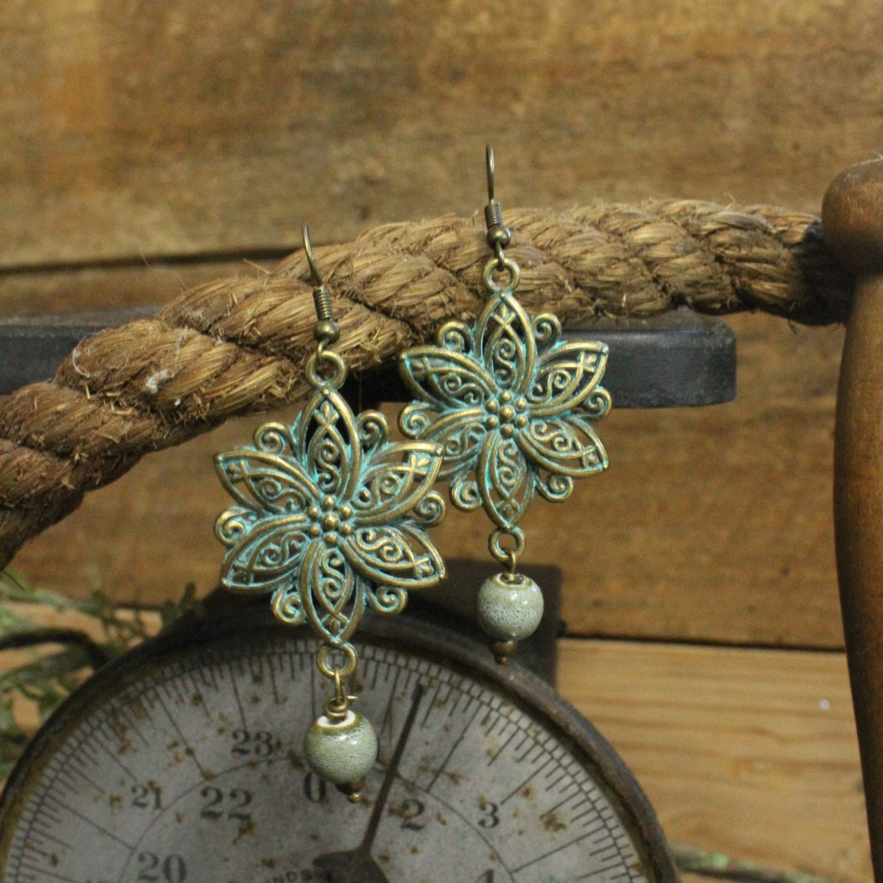 Verdigris Flower & Stone Drop Earrings