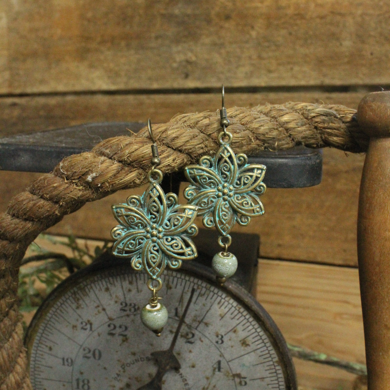 Verdigris Flower & Stone Drop Earrings