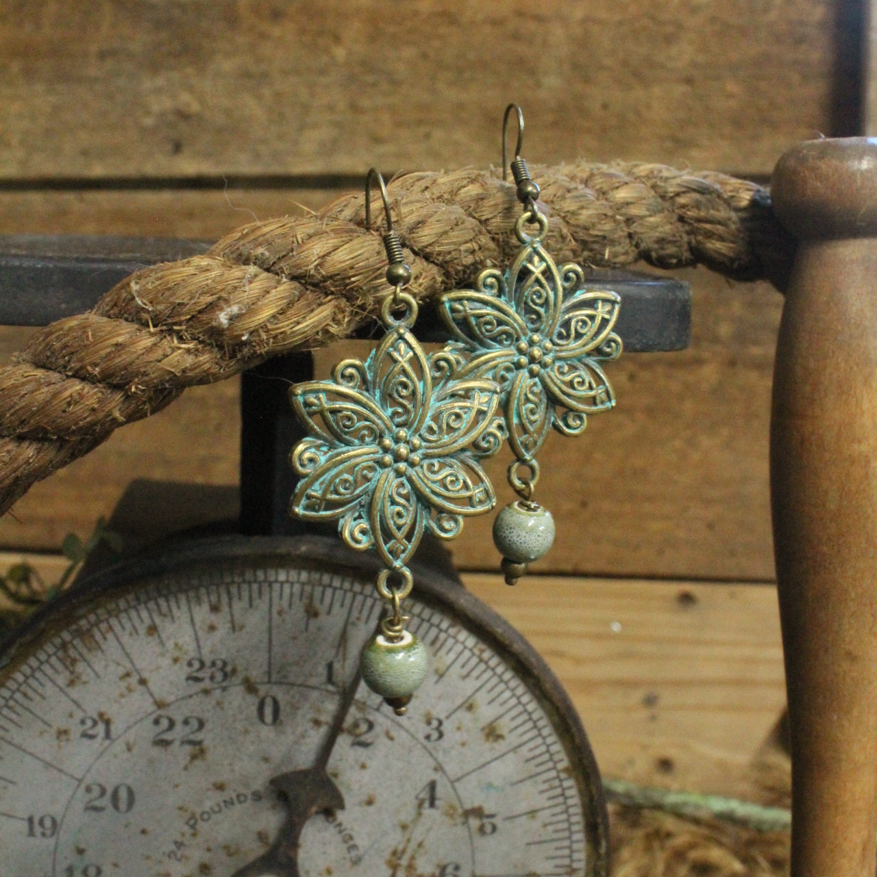 Verdigris Flower & Stone Drop Earrings