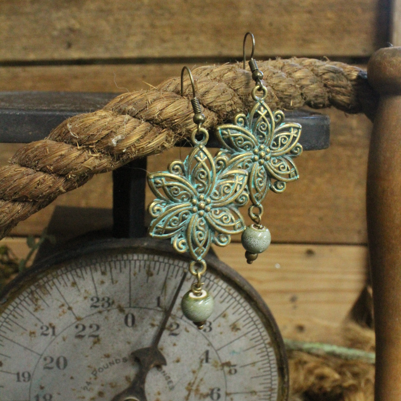 Verdigris Flower & Stone Drop Earrings