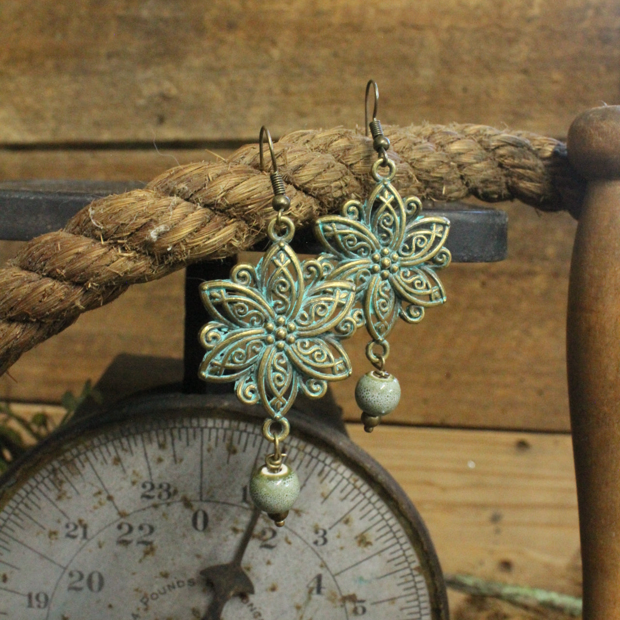 Verdigris Flower & Stone Drop Earrings