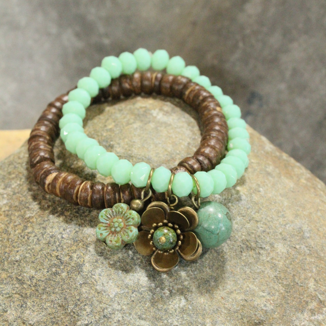 Vintage Stone & Wood Czech Flower Drop Stretch Bracelet Set