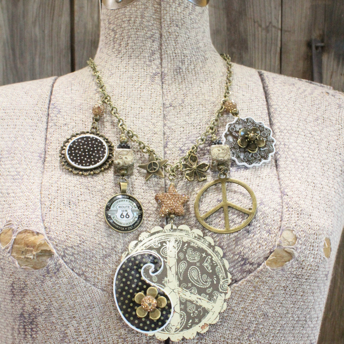 Peace, Paisley & Polka Dot Brown Charm'd Necklace