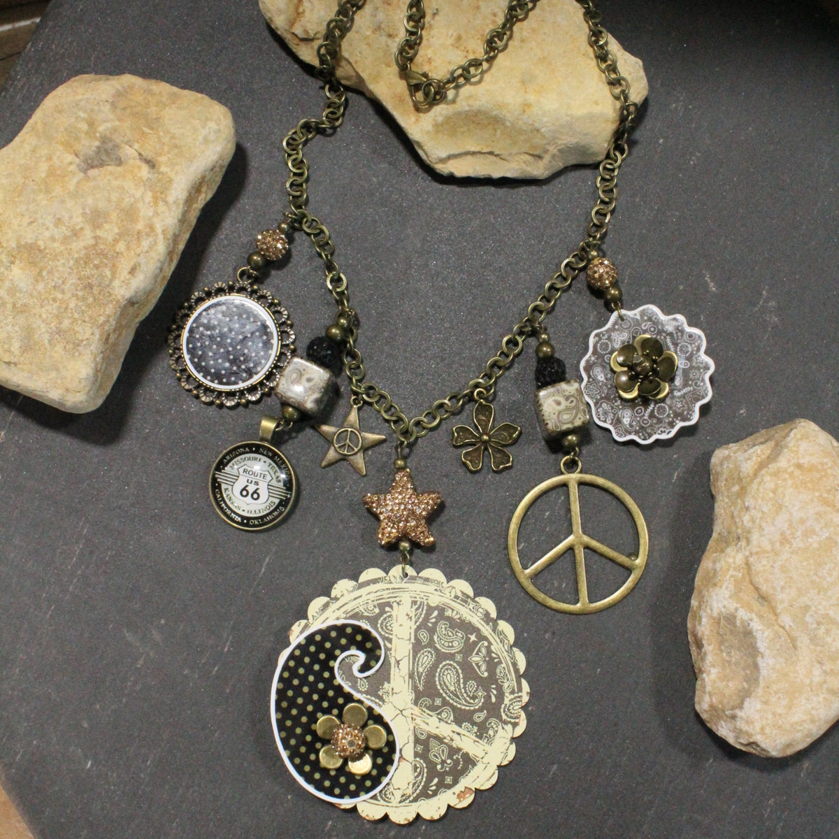 Peace, Paisley & Polka Dot Brown Charm'd Necklace