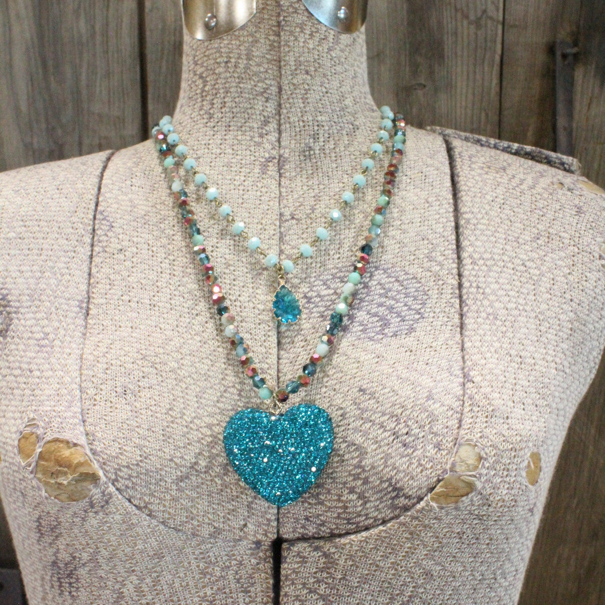 Bohemian Layered Teal Heart & Stone Drop Necklace