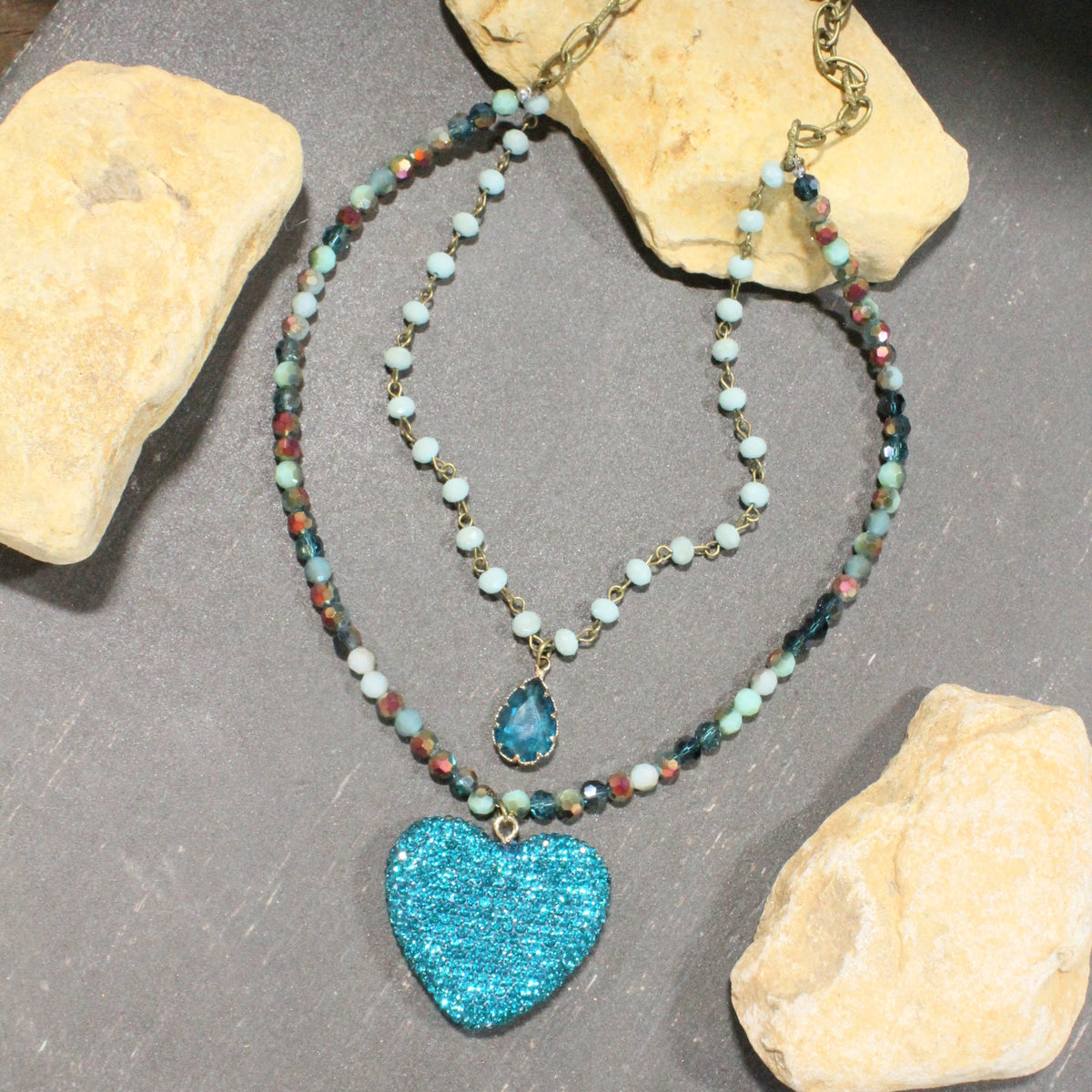 Bohemian Layered Teal Heart & Stone Drop Necklace
