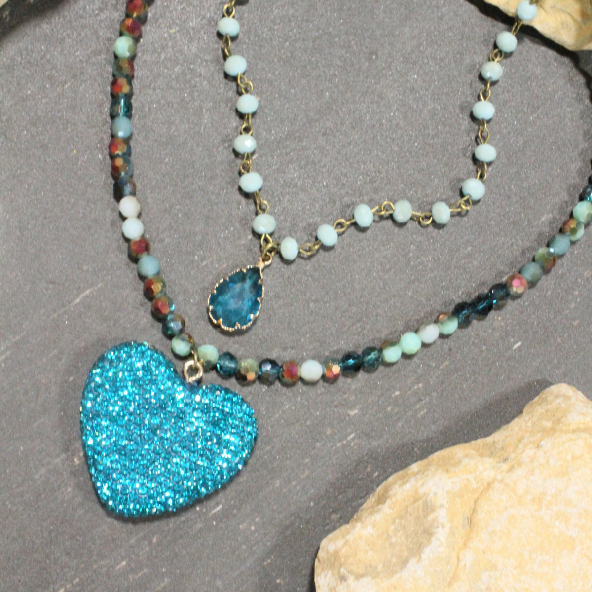 Bohemian Layered Teal Heart & Stone Drop Necklace