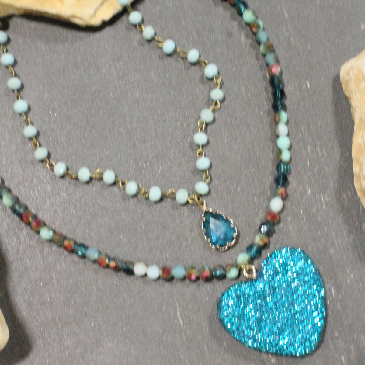Bohemian Layered Teal Heart & Stone Drop Necklace
