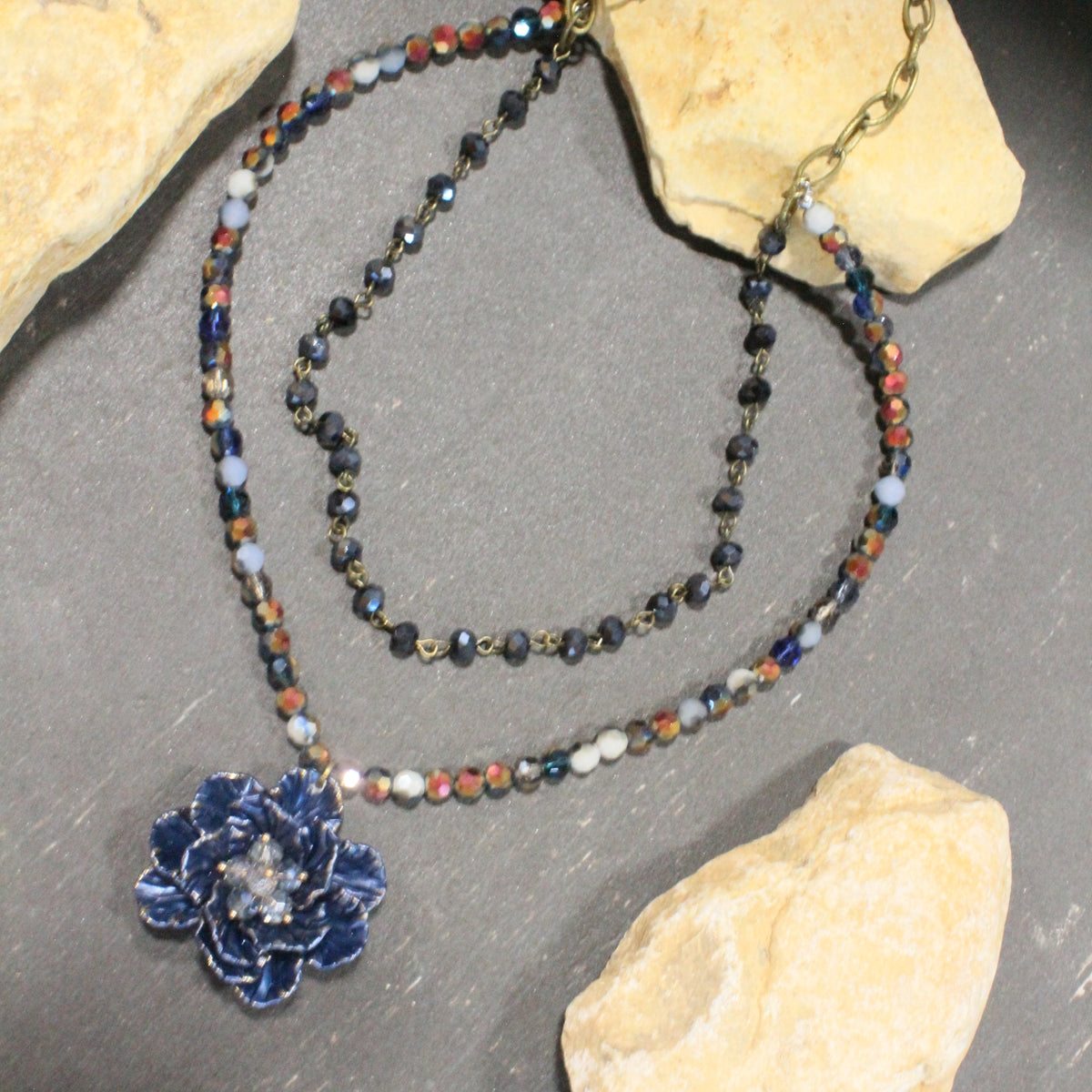 Simply Elegant Navy Flower Layered Necklace