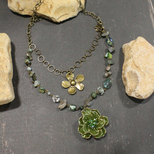 Simply Elegant Green Flower Layered Necklace