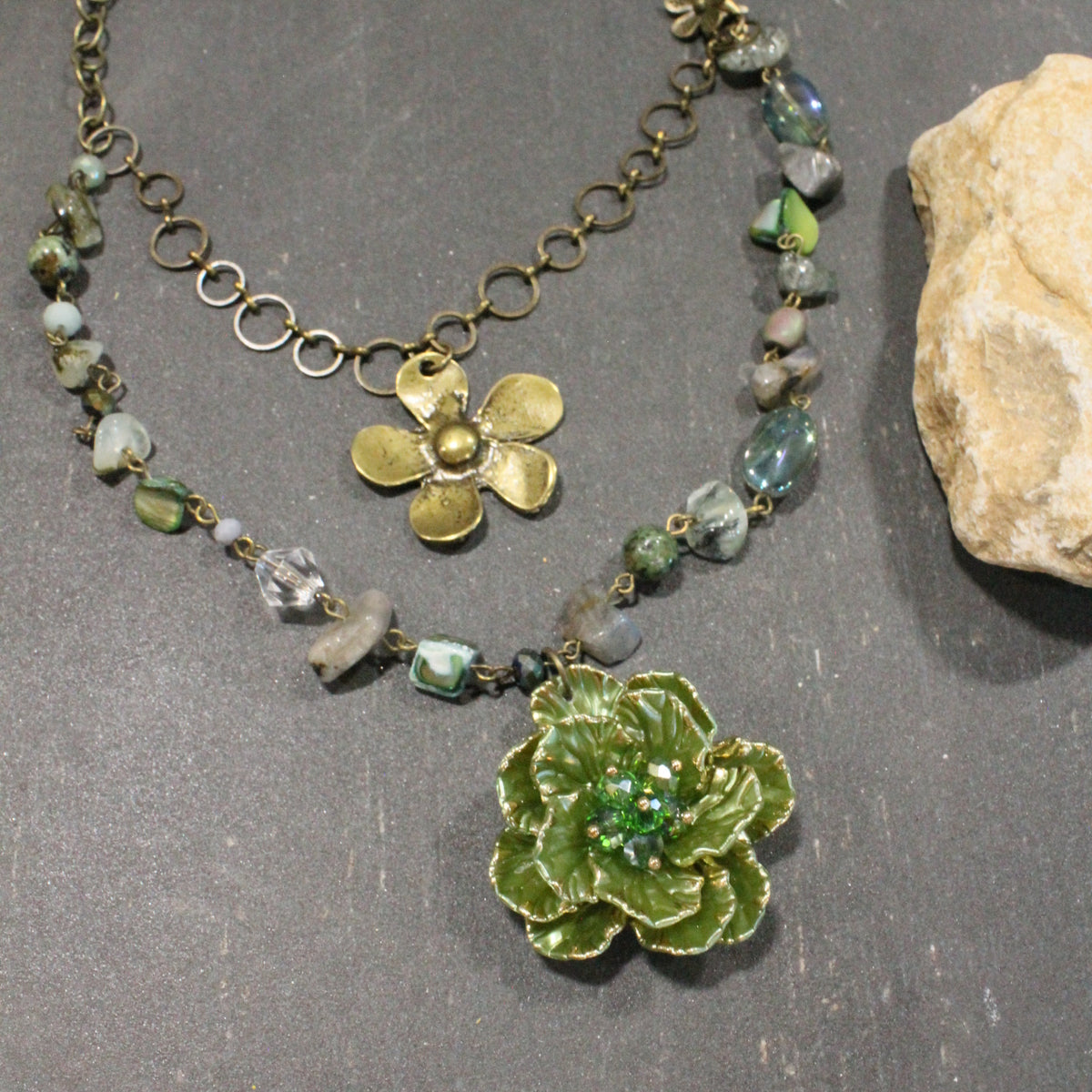 Simply Elegant Green Flower Layered Necklace