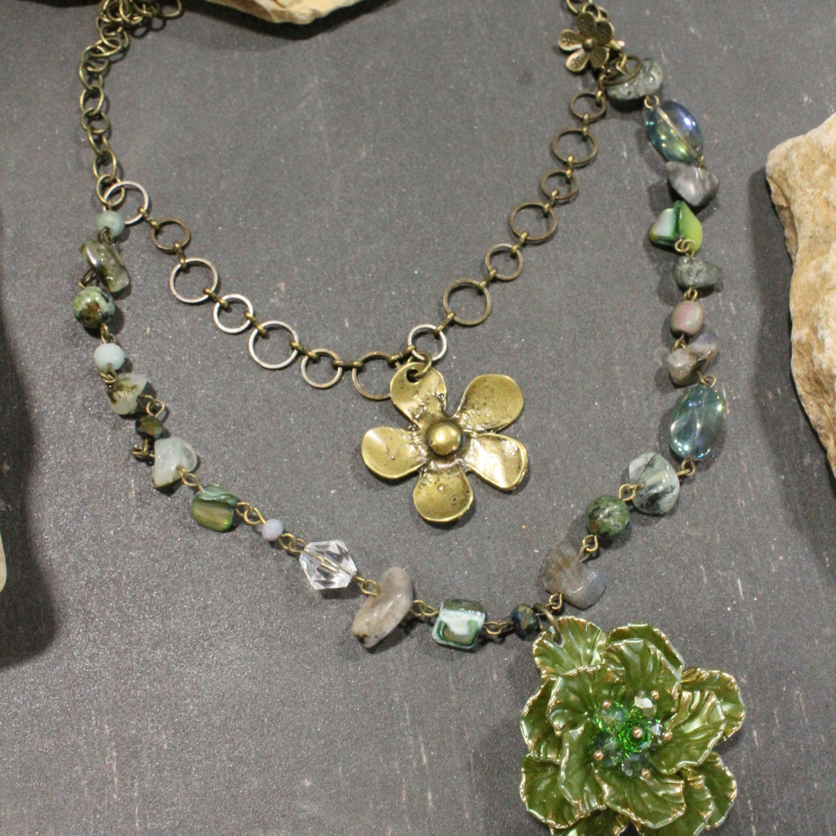 Simply Elegant Green Flower Layered Necklace
