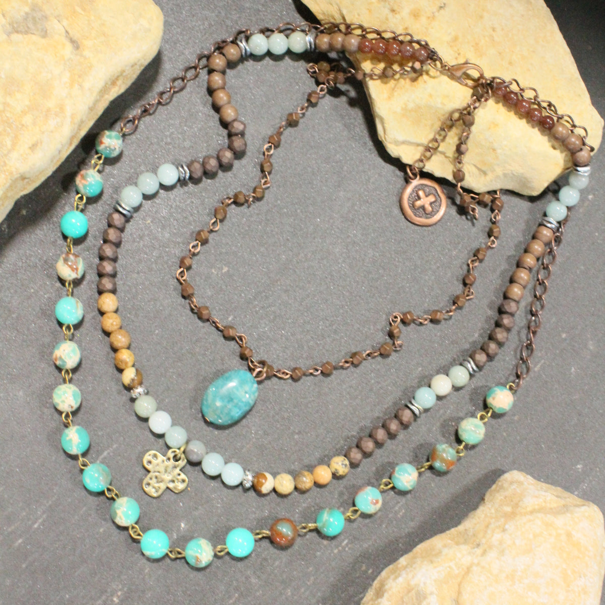 Lavished & Layered Jade & Earth Tones Cross Necklace