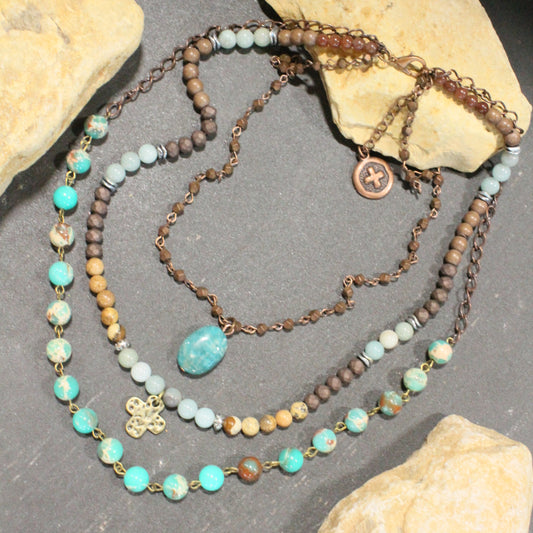 Lavished & Layered Jade & Earth Tones Cross Necklace