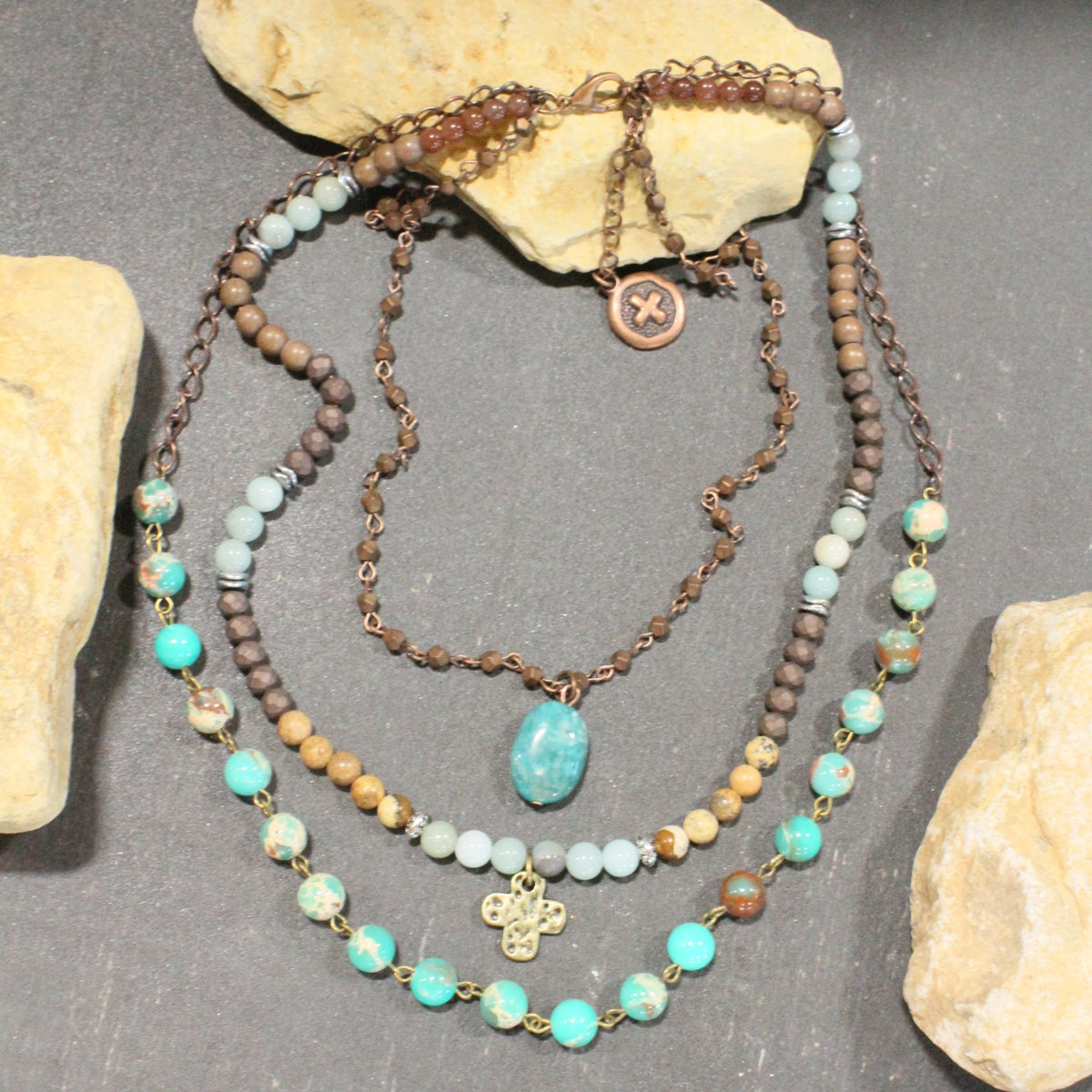 Lavished & Layered Jade & Earth Tones Cross Necklace