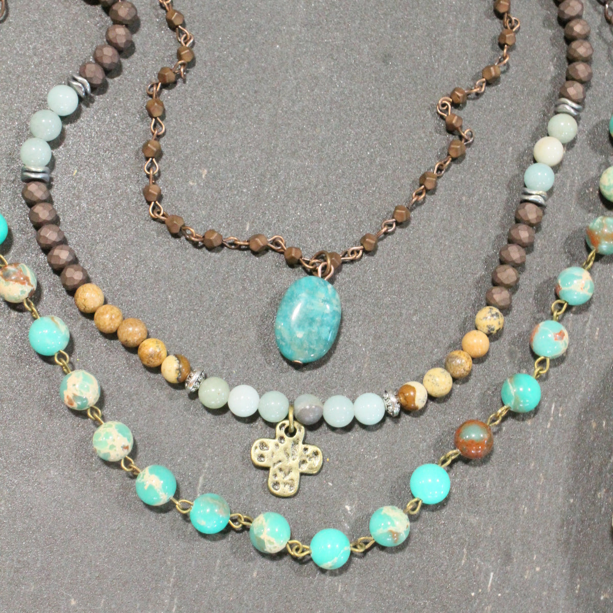 Lavished & Layered Jade & Earth Tones Cross Necklace