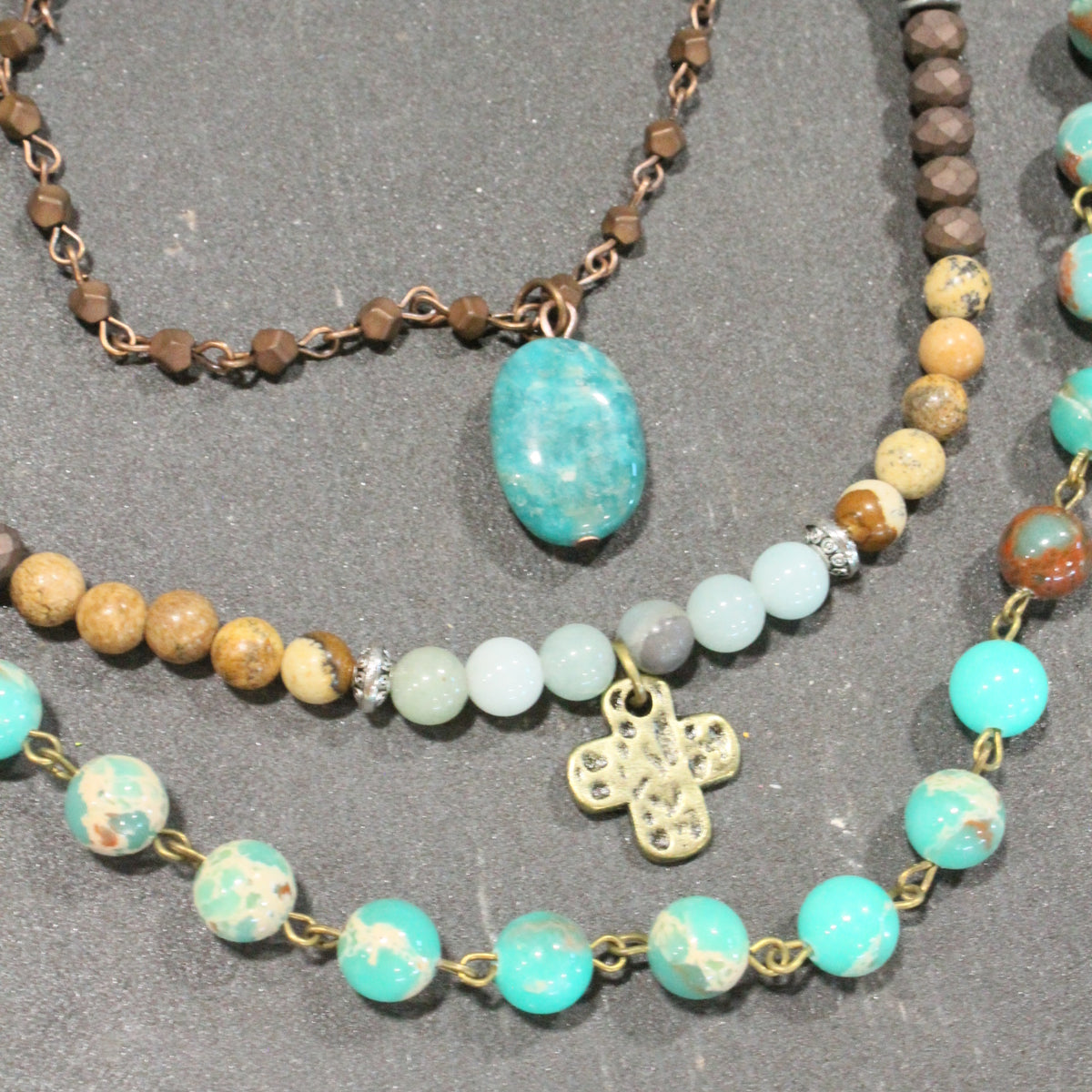 Lavished & Layered Jade & Earth Tones Cross Necklace