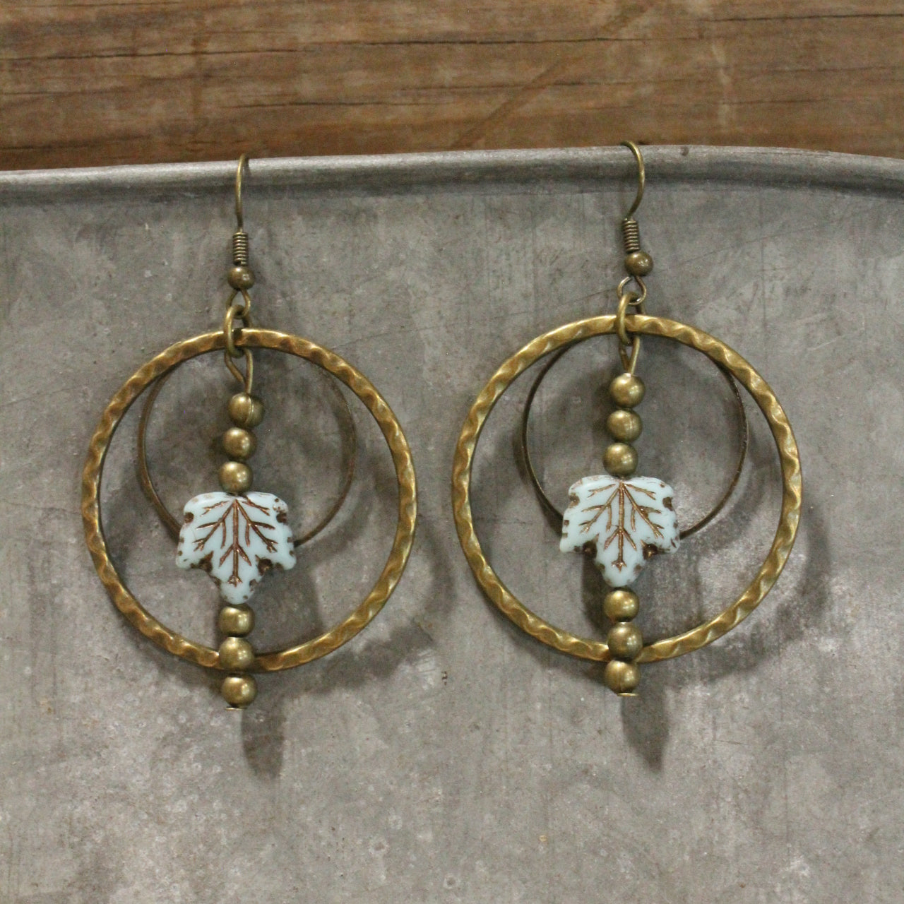 Falling Leaves Blue Czech Dangle Drop Earrings