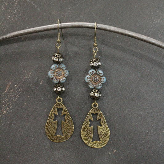 Vintage Bronze Cross & Denim Czech Dangle Earrings