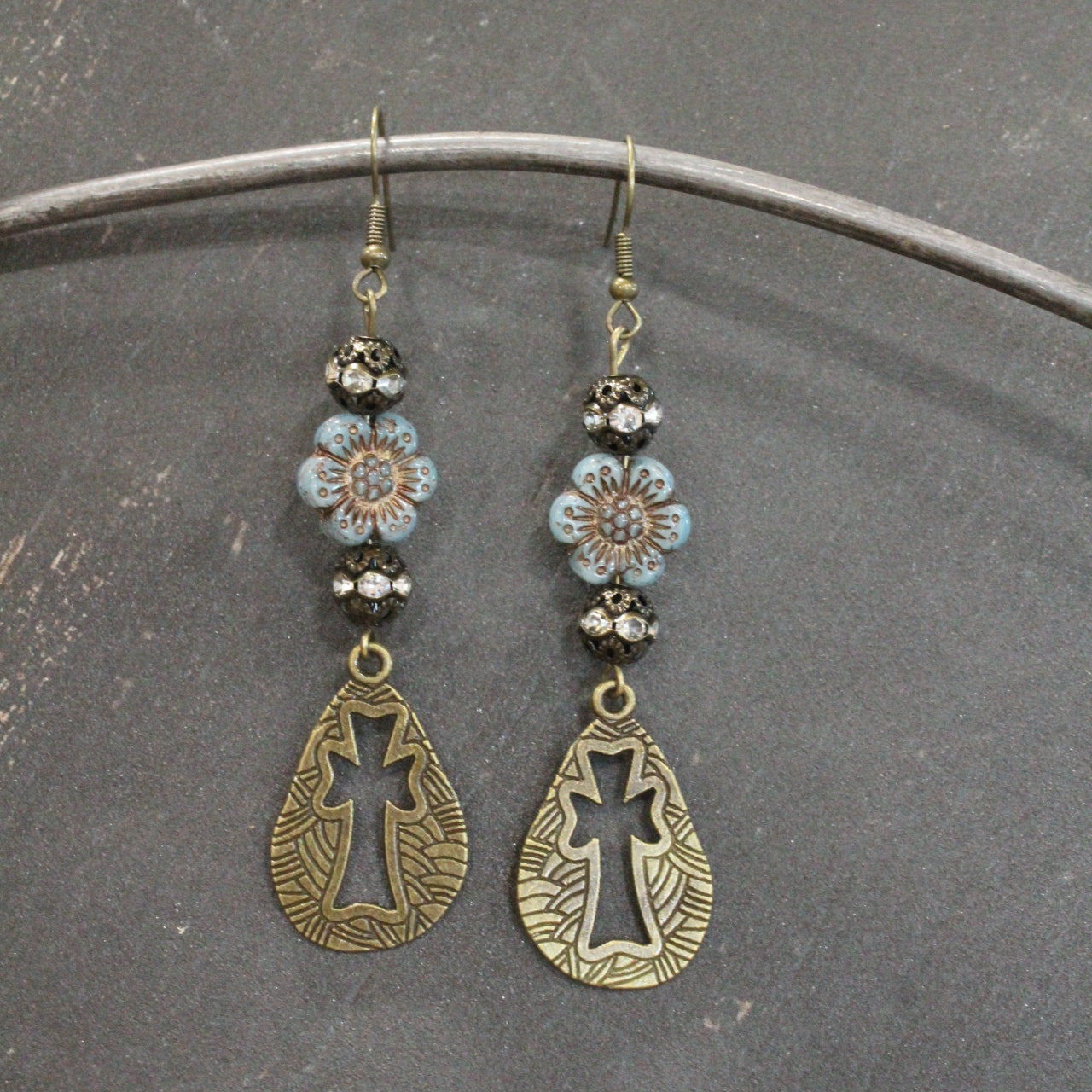 Vintage Bronze Cross & Denim Czech Dangle Earrings