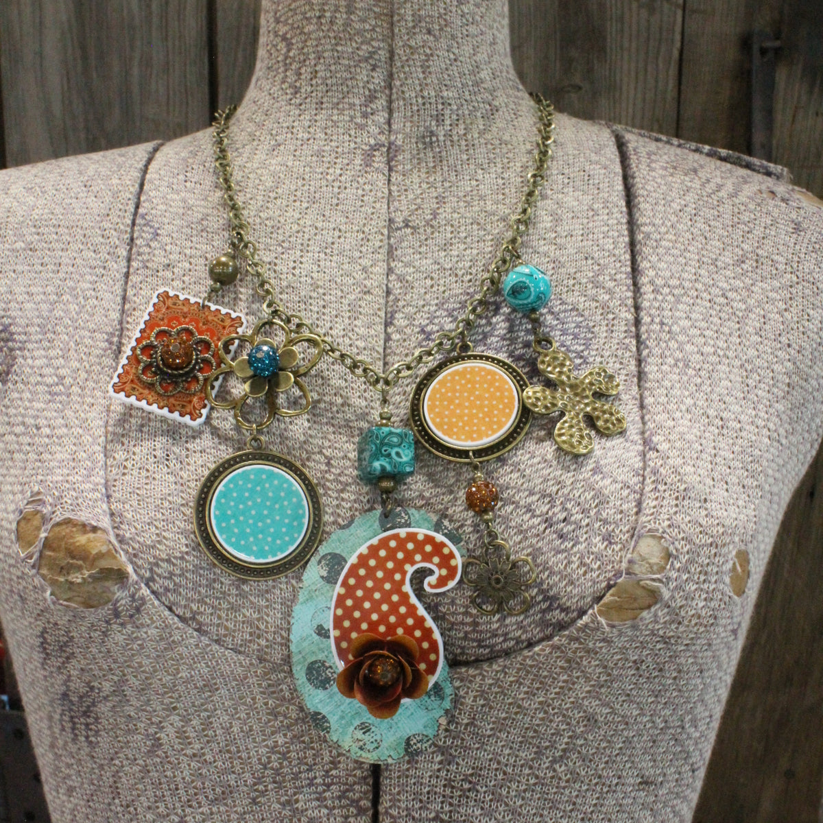 Peace, Paisley & Polka Dot Rusty Charm'd Necklace