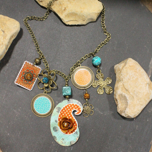Peace, Paisley & Polka Dot Rusty Charm'd Necklace